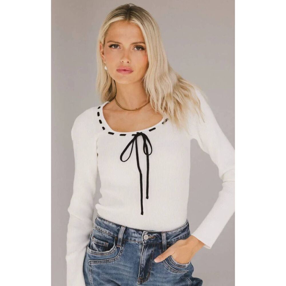Bohme Swenn Ribbed Top  Ivory black blanket trim NWT XL Romantic Feminine